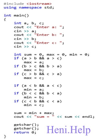 Написати програму для знаходження суми більшого і меншого з трьох чисел