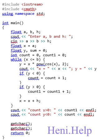 Протабулювати функцію y = x*cos2x на проміжку [a, b] з кроком h. Обчислити кількість від’ємних та кількість додатних значень функції y